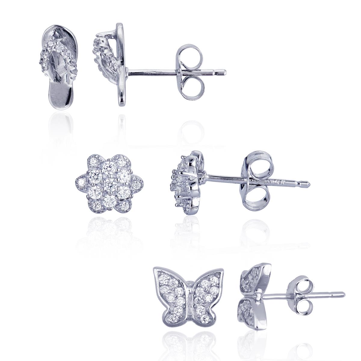 Sterling Silver Rhodium Flip Flop, Butterfly & Flower Stud Earrings Set