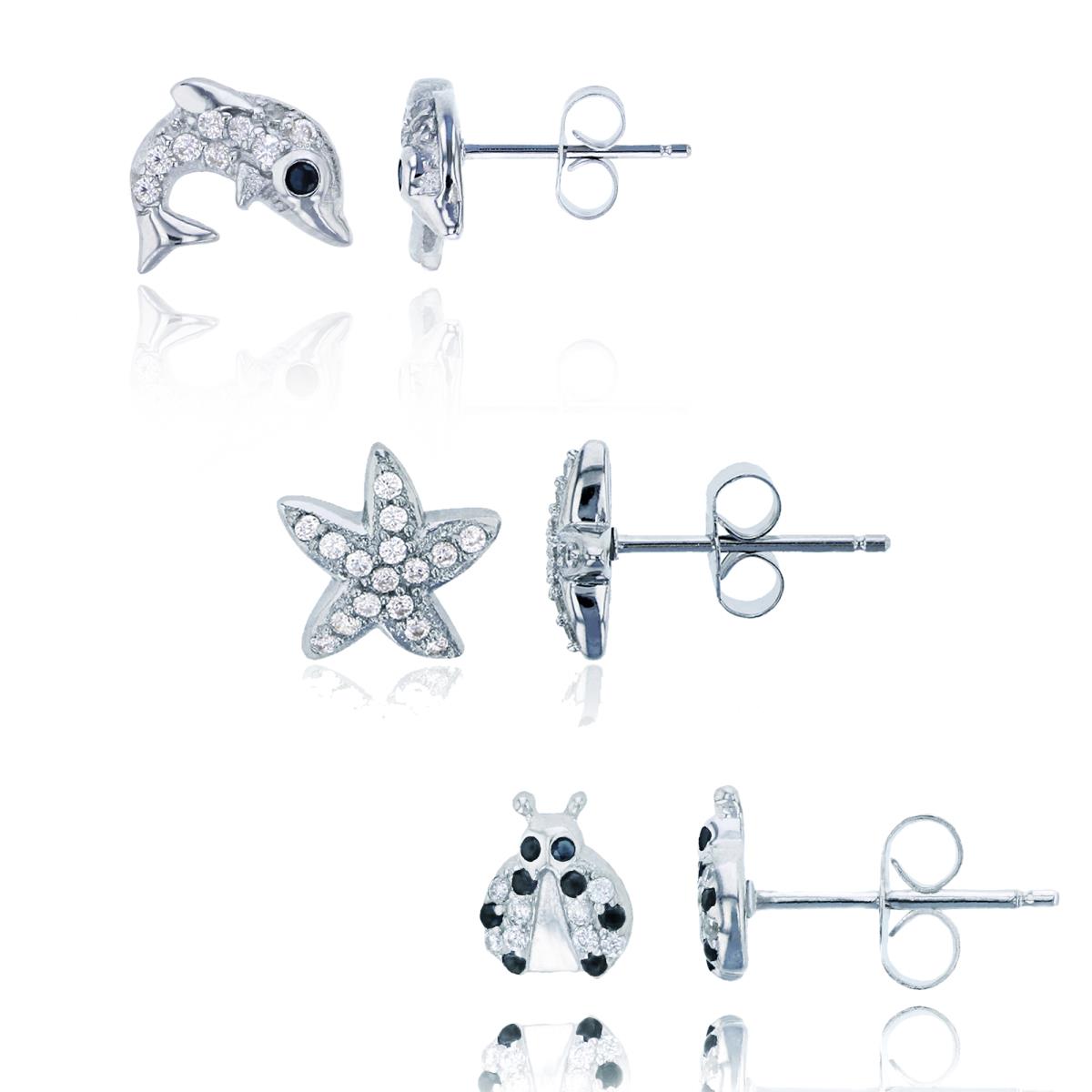 Sterling Silver Rhodium Starfish, Lady Bug & Dolphin Stud Earrings Set