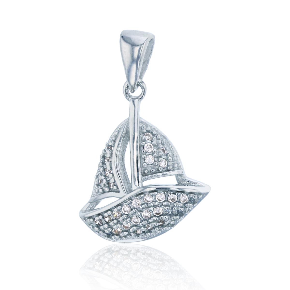 Sterling Silver Rhodium Micropave Sailing Boat Charm Pendant