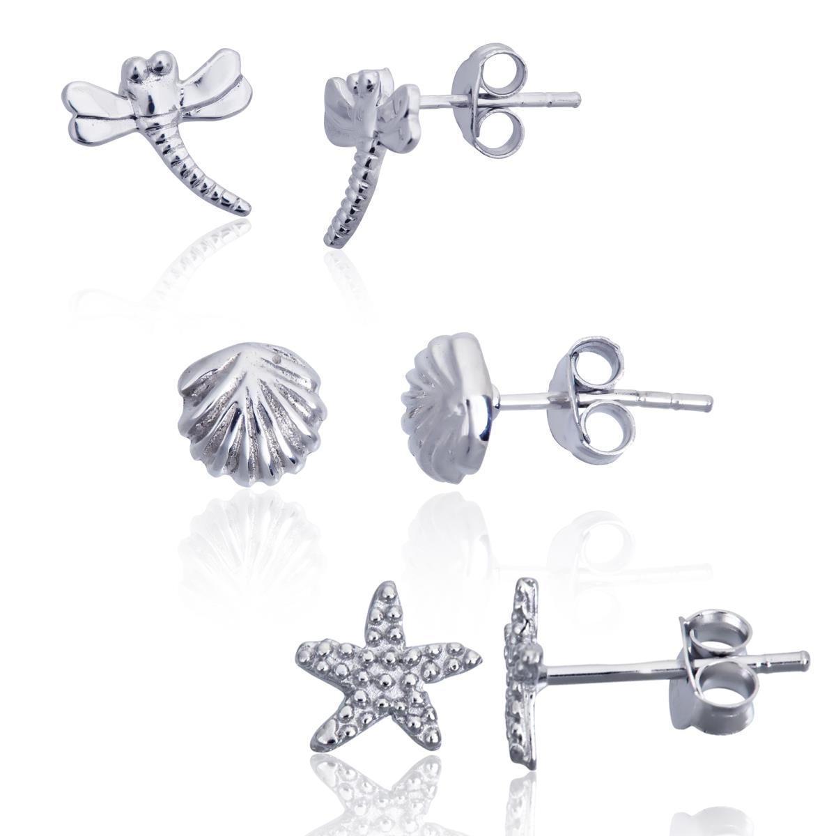 Sterling Silver Rhodium Dragonfly, Starfish & Shell Stud Earrings Set