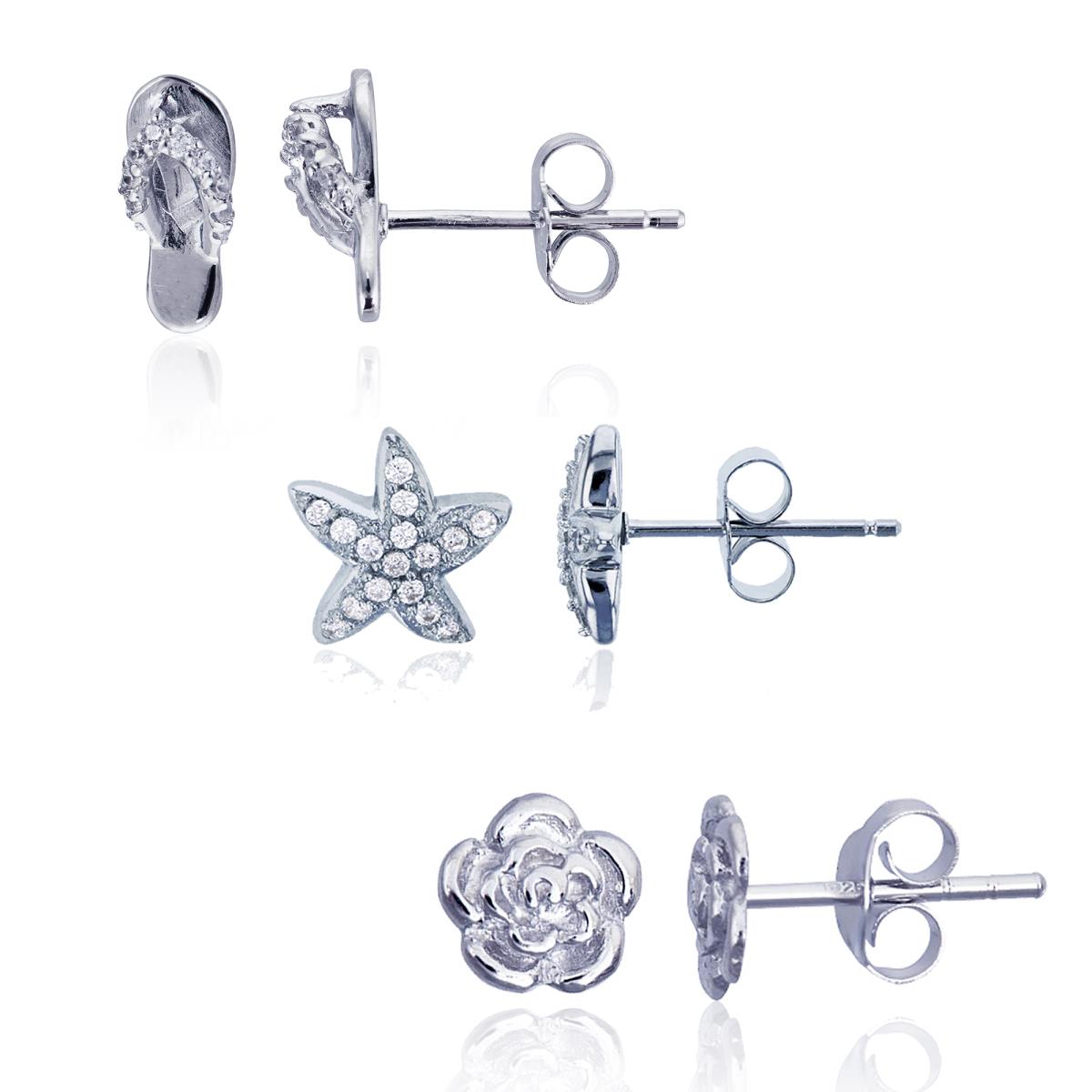 Sterling Silver Rhodium Starfish, Flip Flop & Flower Stud Earrings Set