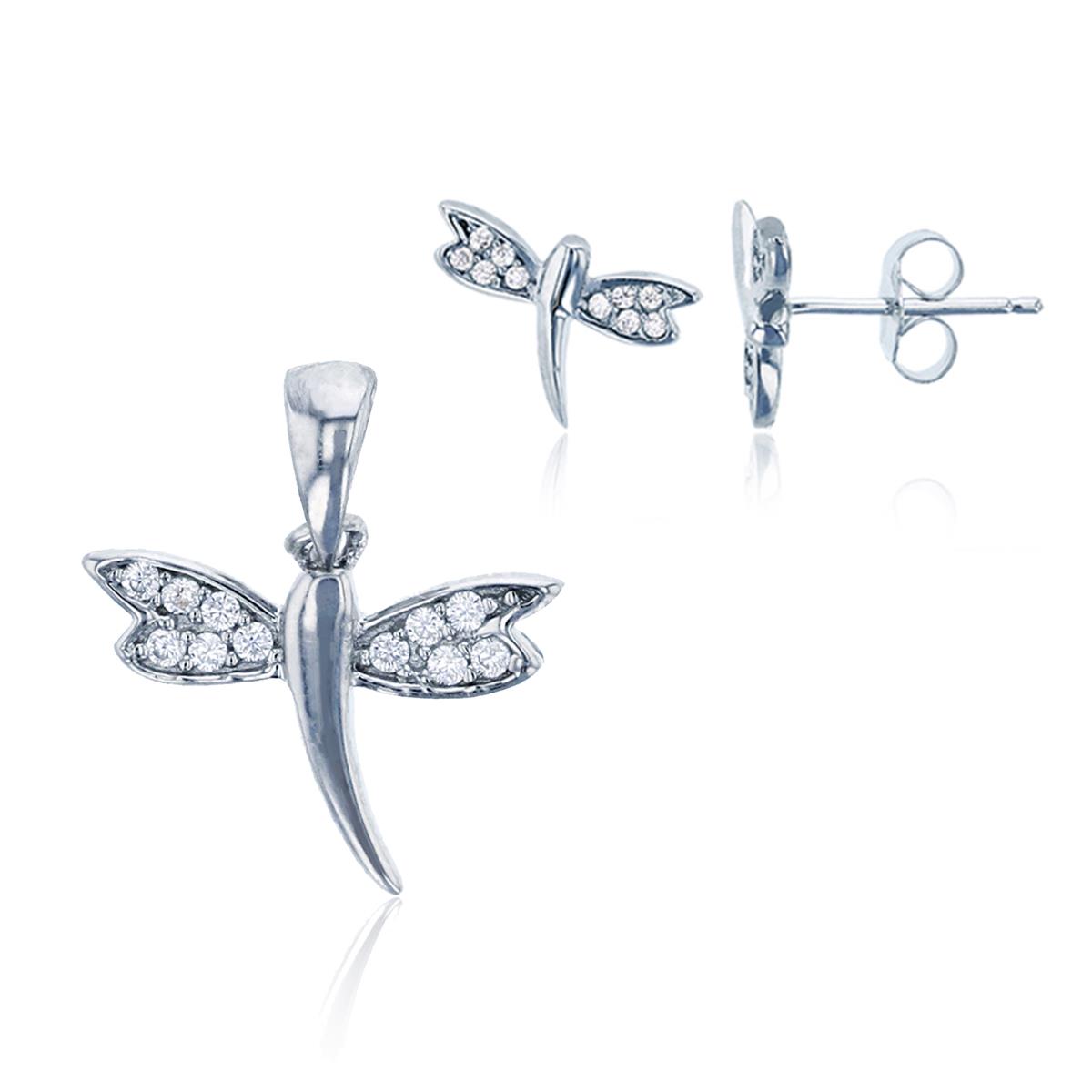 Sterling Silver Rhodium Pave Dragonfly Stud Earrings & 18" Necklace Set