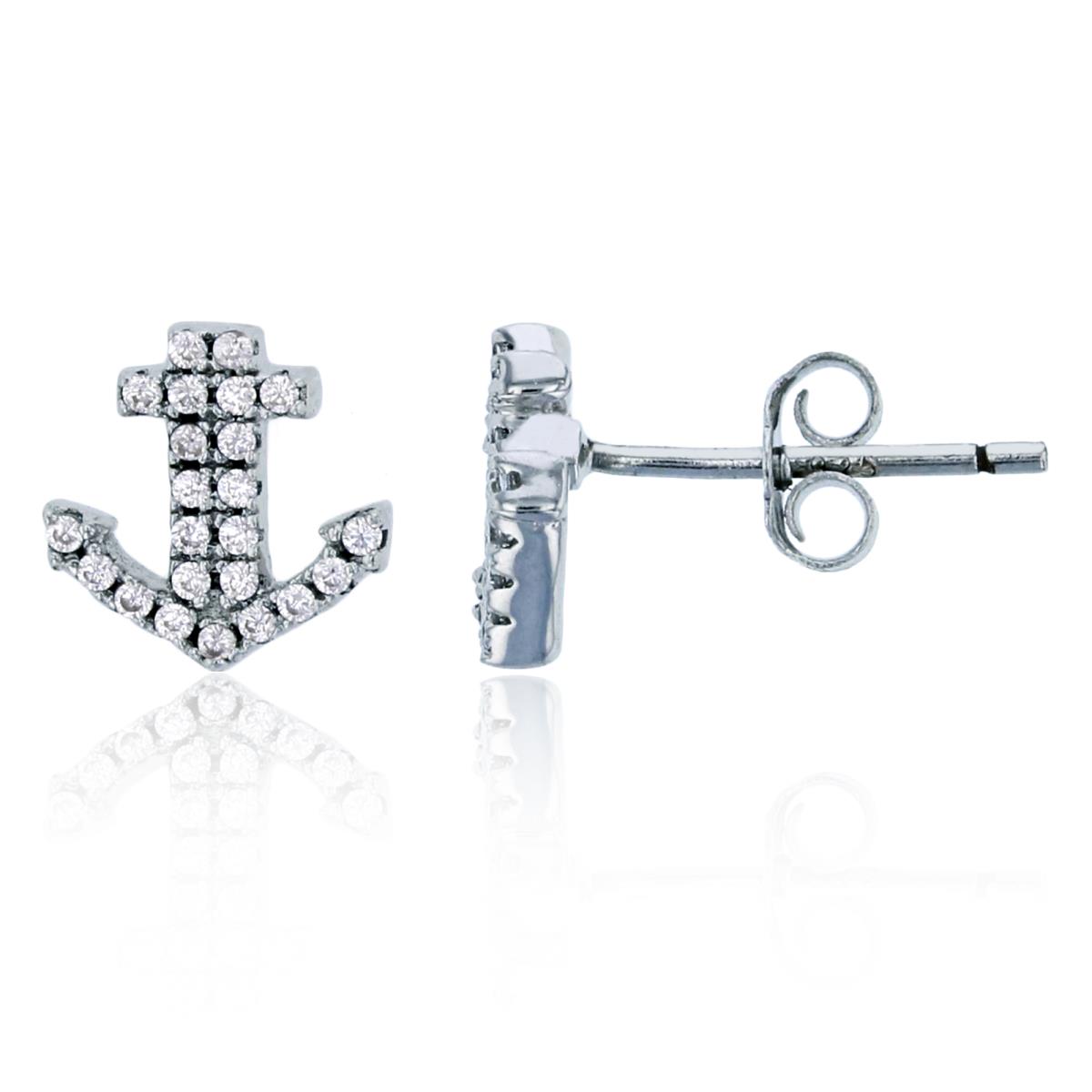 Sterling Silver Rhodium Micropave 8mm Anchor Stud Earring