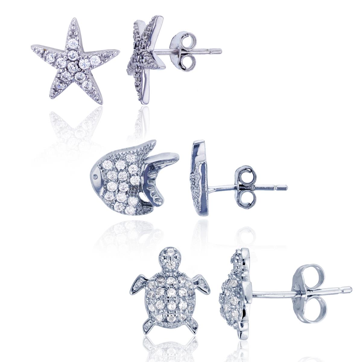Sterling Silver Rhodium Fish, Turtle & Star Stud Earrings Set