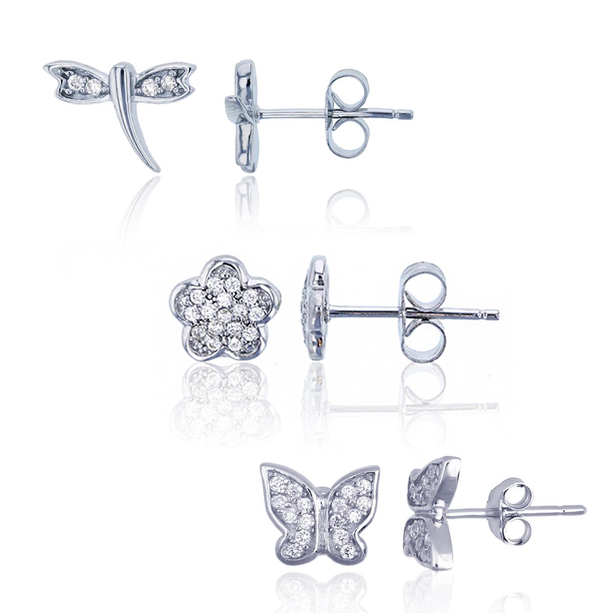 Sterling Silver Rhodium Dragonfly, Flower & Butterfly Stud Earrings Set