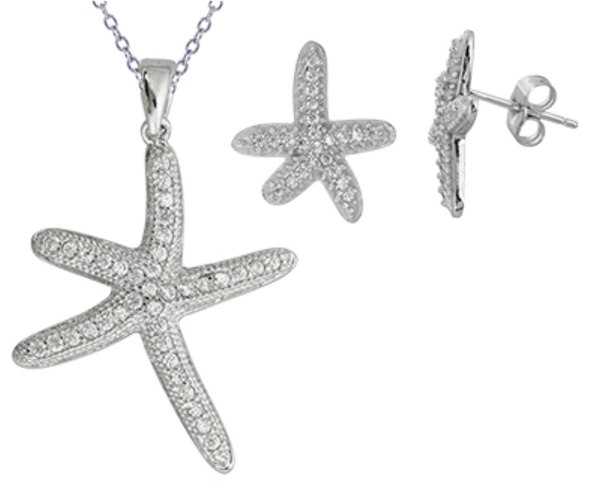 Sterling Silver Rhodium 13mmm  Starfish Stud Earring & 18" Necklace