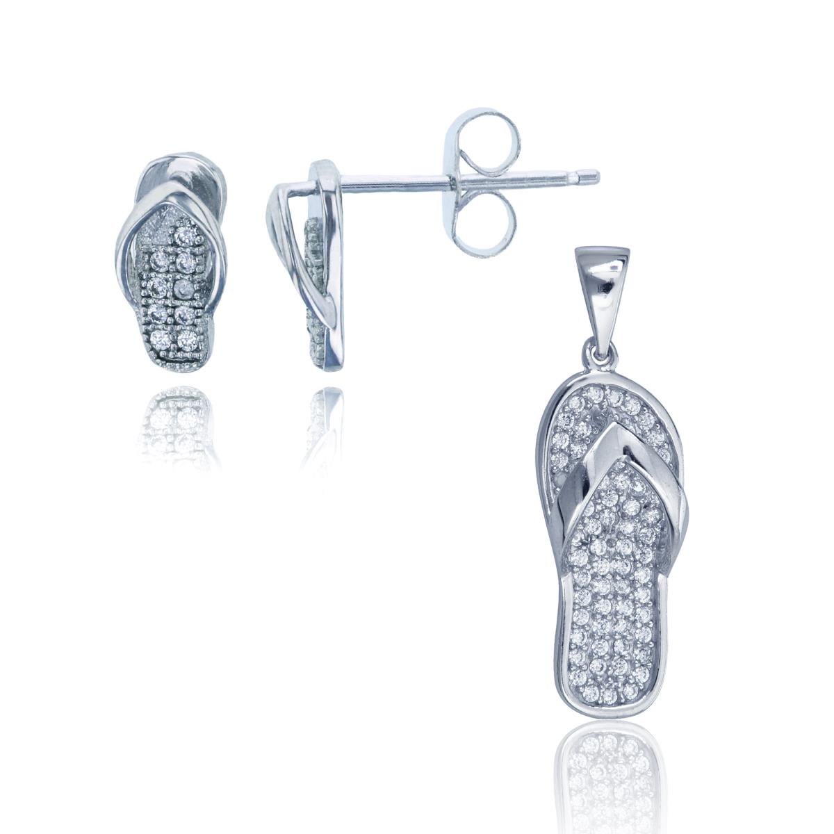 Sterling Silver Rhodium Pave Flip Flop Stud Earring & 18" Necklace Set