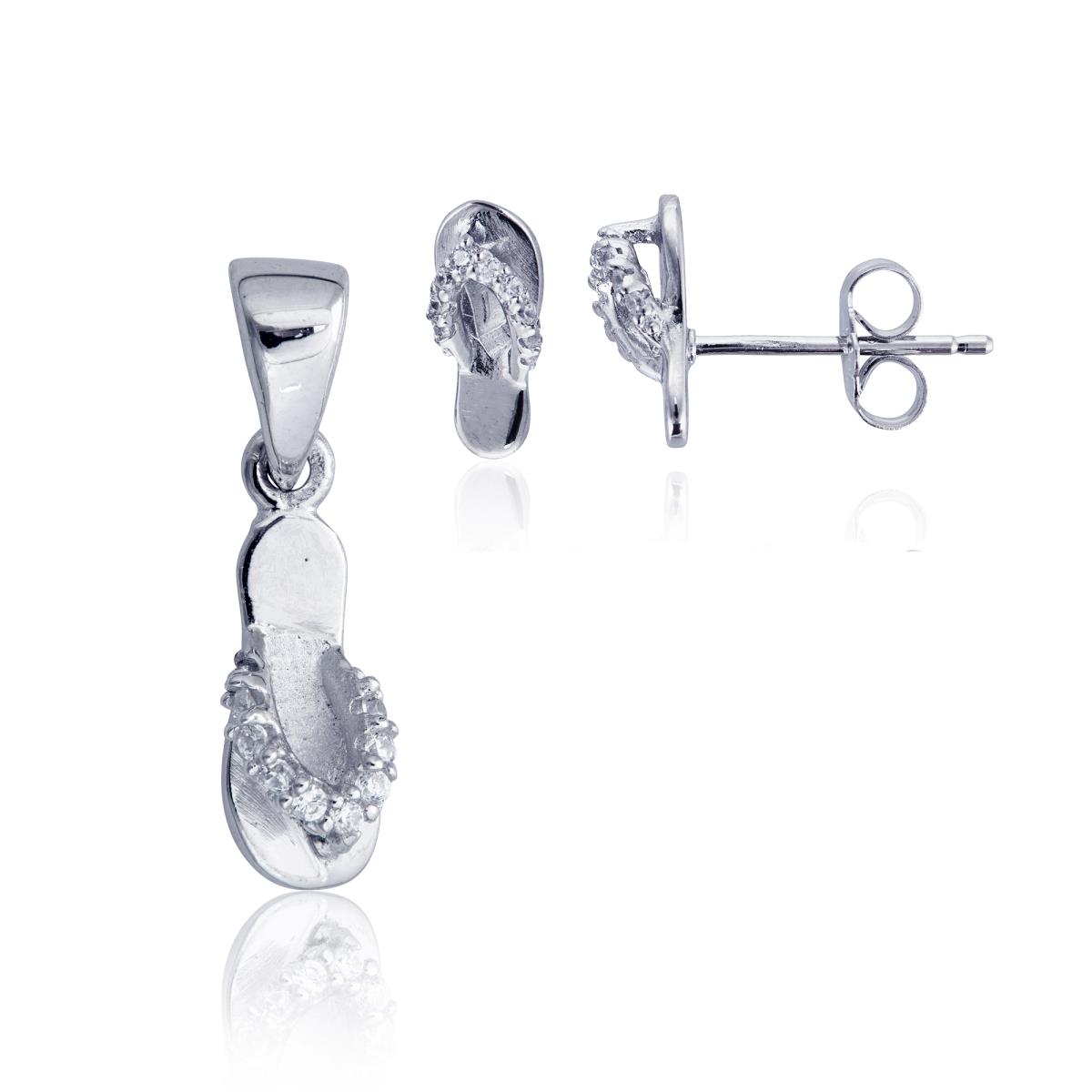 Sterling Silver Pave 10x5mm Flip Flop 18" Necklace & Stud Earring Set