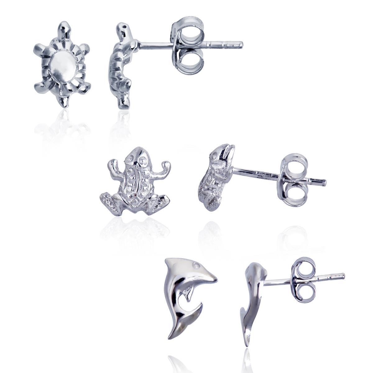 Sterling Silver Rhodium Frog, Dolphin & Turtle Stud Earring Set