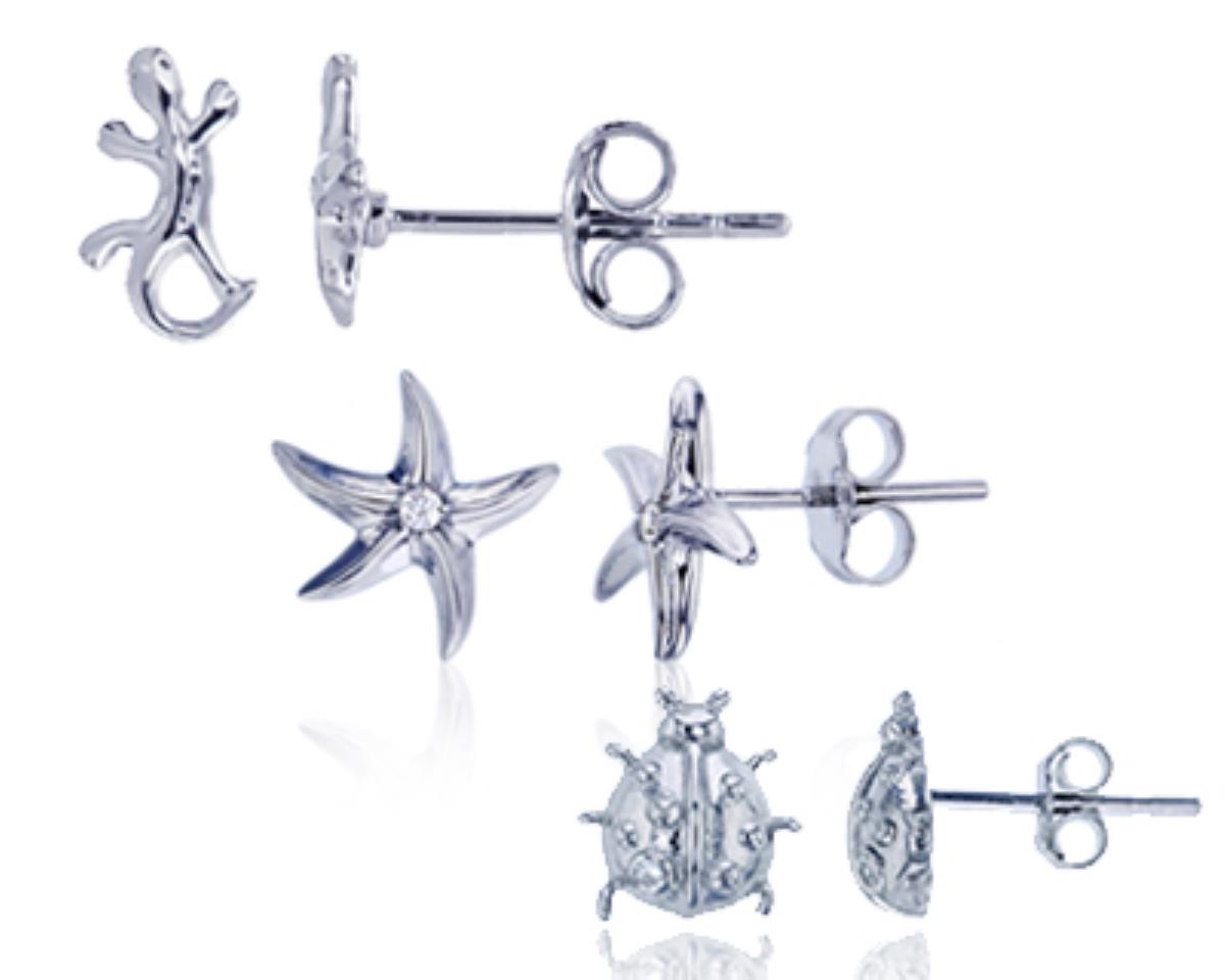 Sterling Silver Rhodium Starfish, Lady Bug & Lizard Stud Earring Set