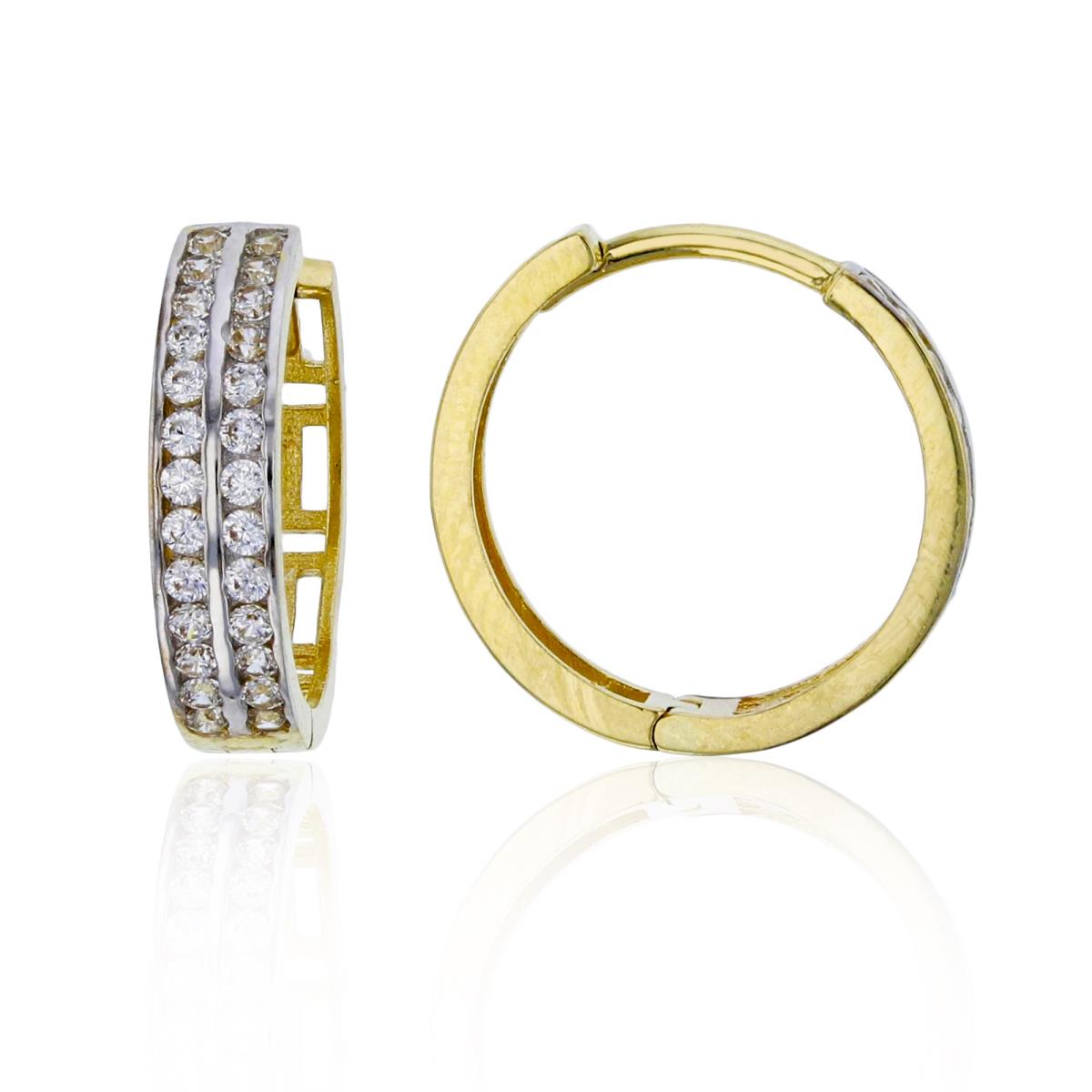 10K Yellow Gold Micropave 15x3.5mm Two-Row Rd Channel Greek Key Huggie Earring