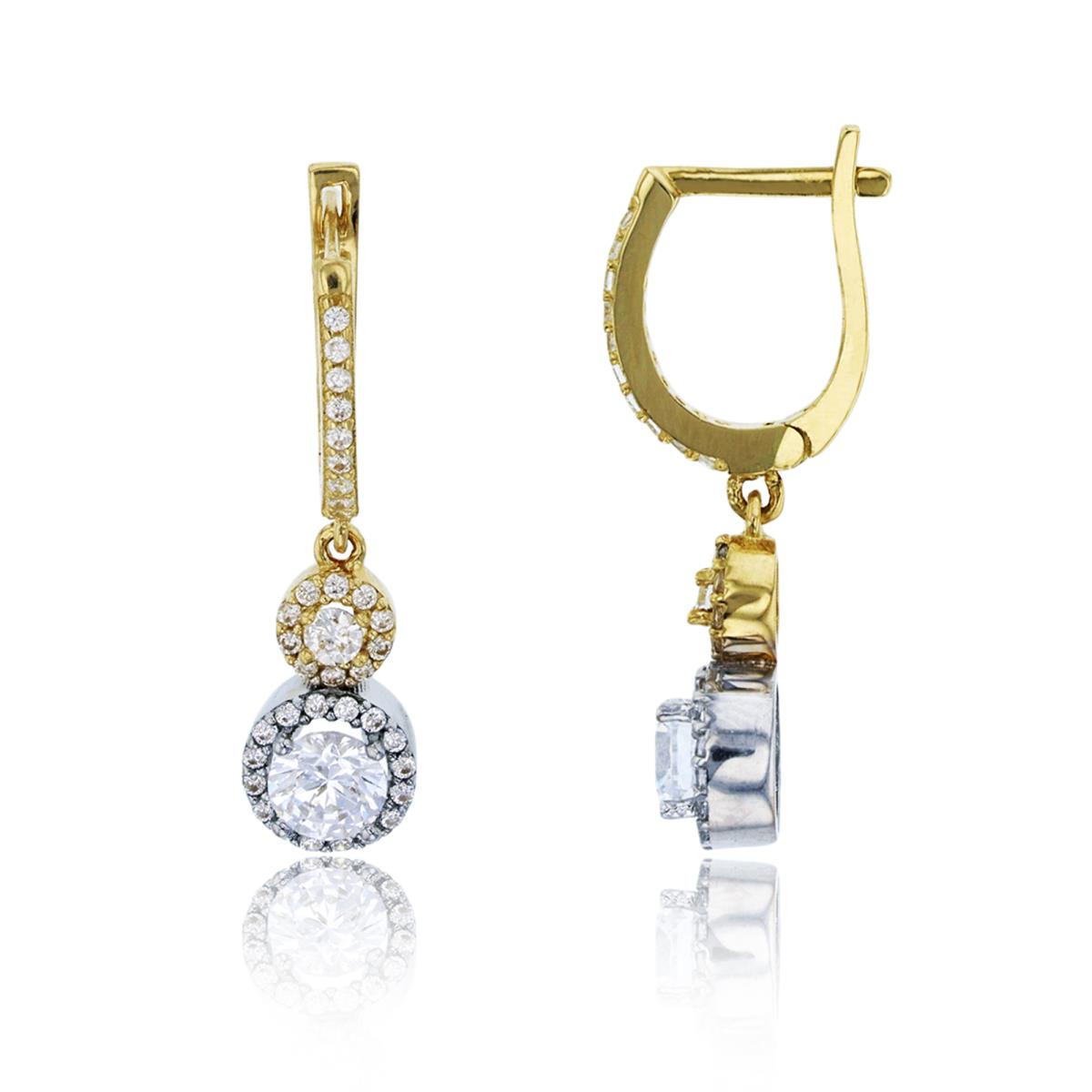 10K Two-Tone Gold Micropave Double Round Halo Dangling Earring