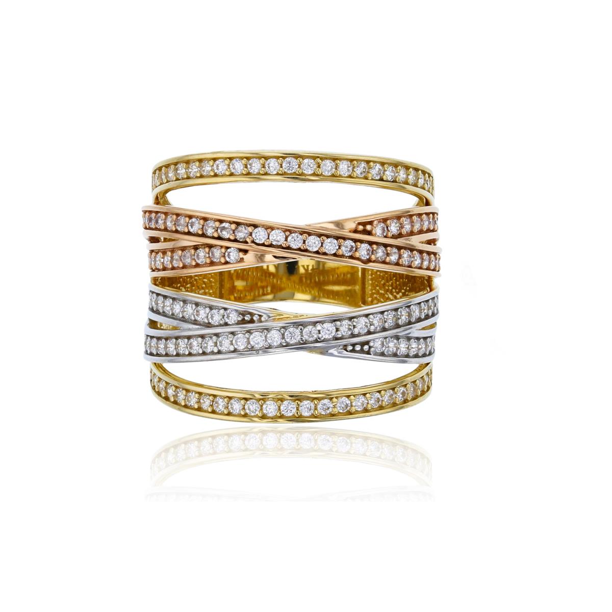 10K Tricolor Gold Micropave Multi-Row Criss Cross Fashion Ring