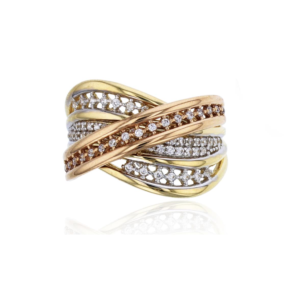 10K Yellow&Rose Gold Micropave Triple Row Criss Cross Fashion Ring