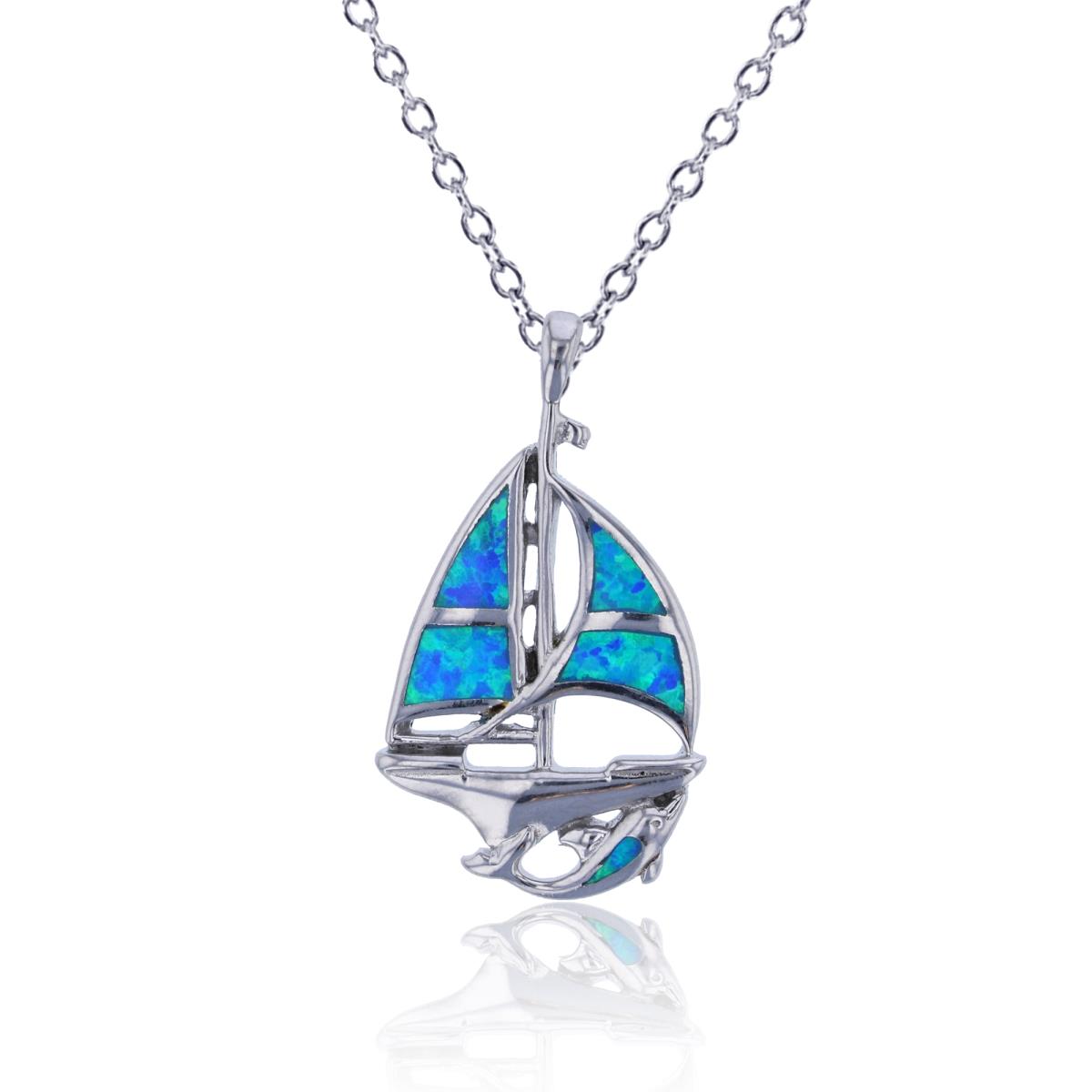 Sterling Silver Rhodium Created Opal Sailing Boat Pendant