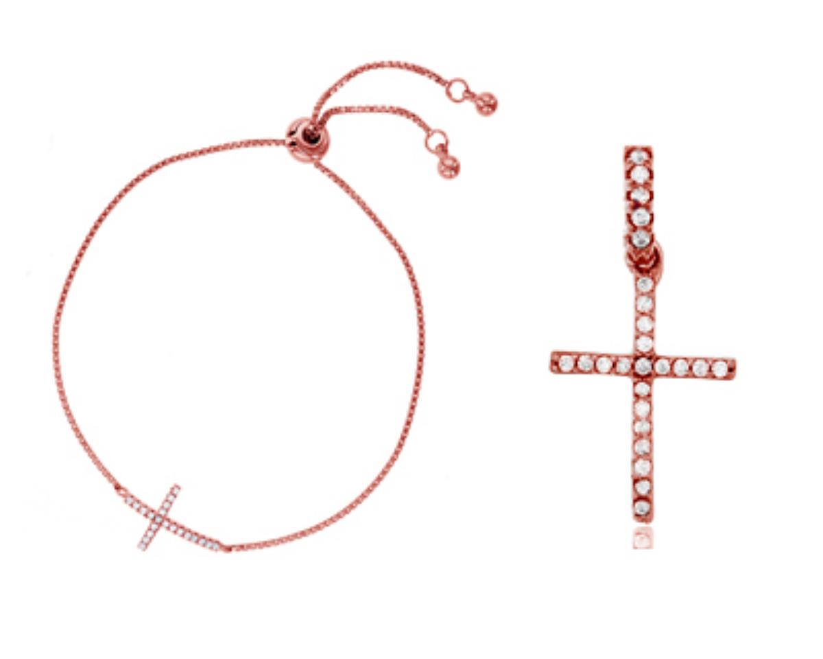Sterling Silver Rose 1 Micron Pave Cross Adj Bracelet and 18" Necklace Set