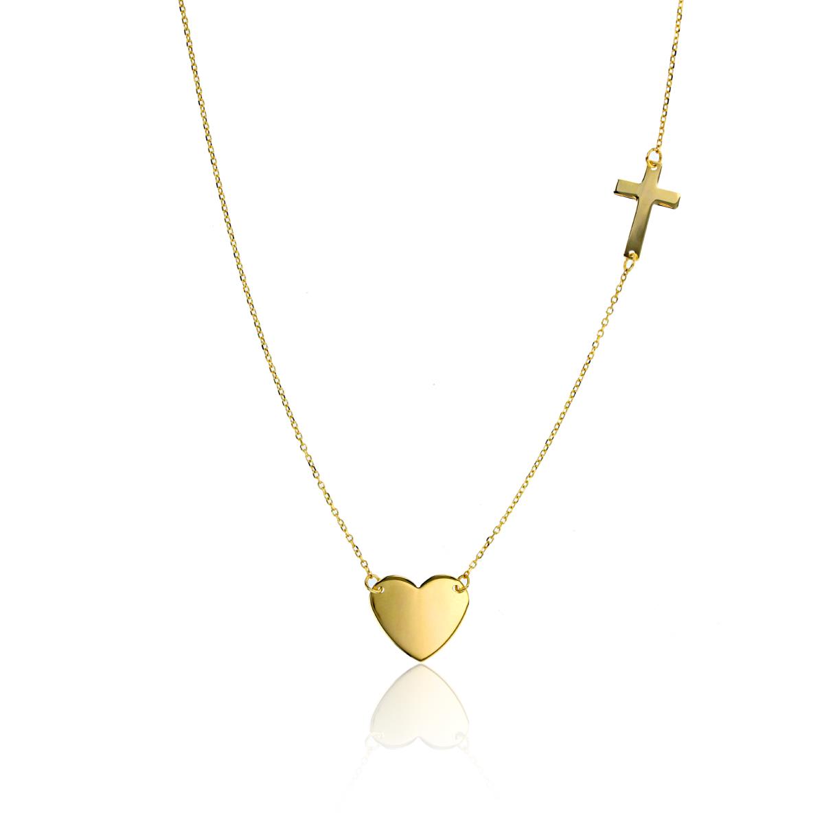 14K Yellow Gold DC Polished Heart Charm and Sideways Cross 17"+2" Necklace