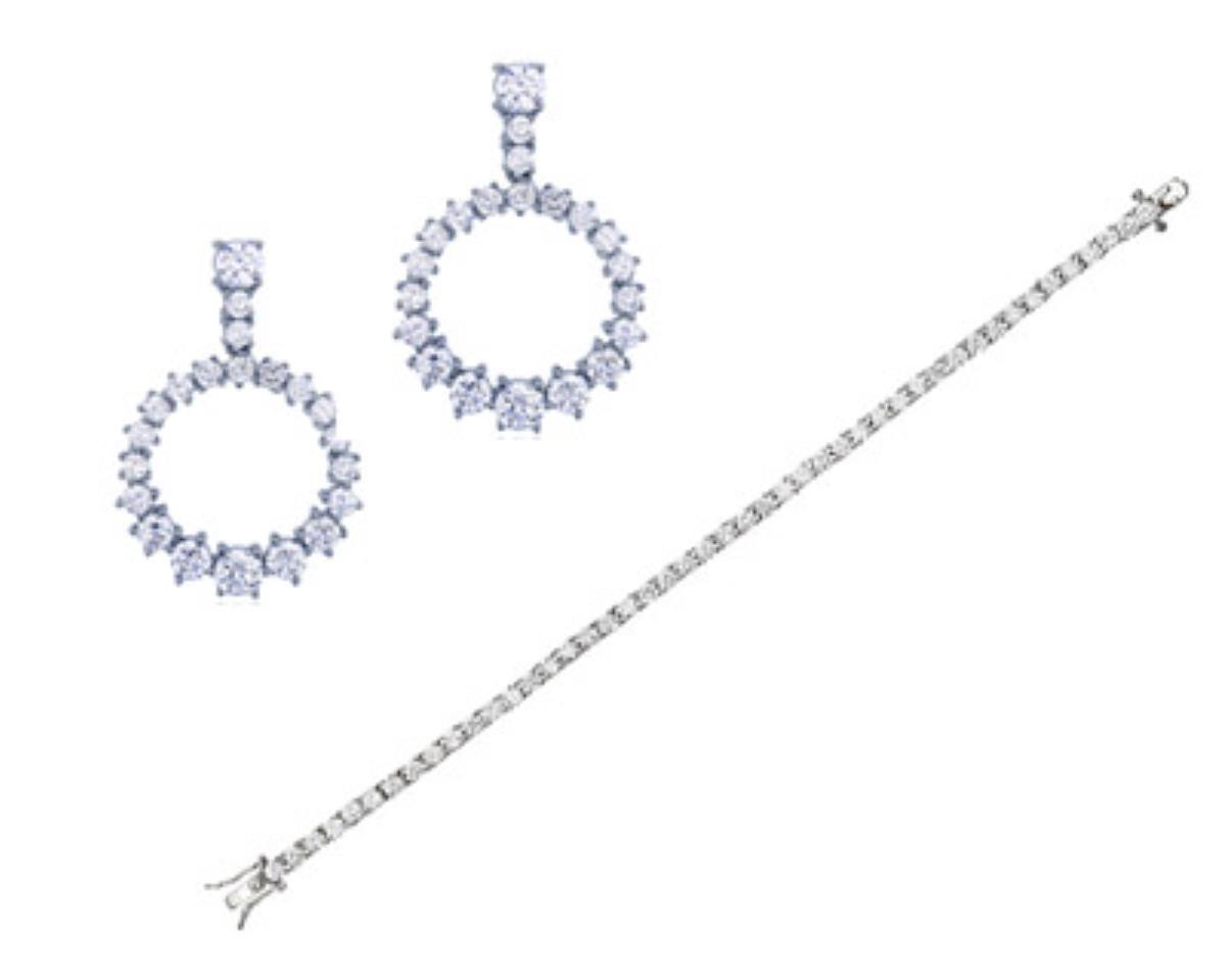 Sterling Silver Rhodium Open Circle CZ Dangling Earring and 3mm Rd Tennis Bracelet Set