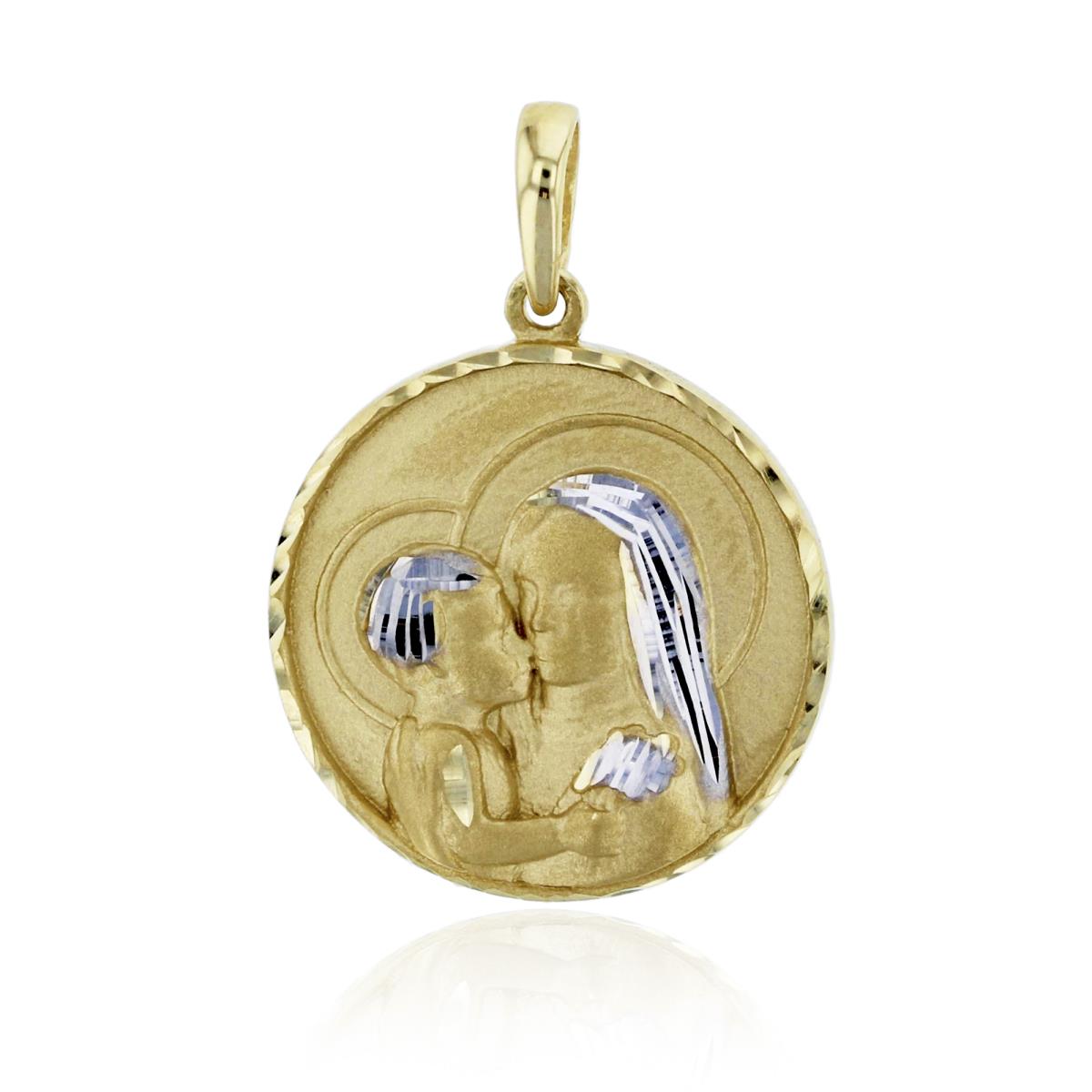 10K Yellow Gold 25x17mm Matte Circle Rhodium Plated Virgin Mary & Baby Jesus Pendant
