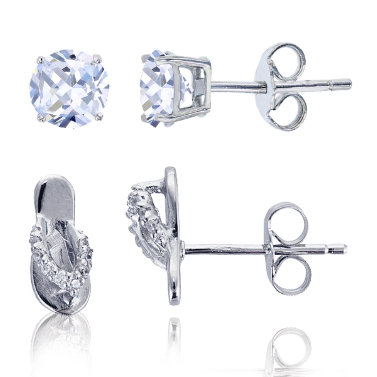 Sterling Silver Rhodium Flip Flop & 4mm Round Solitaire Stud Earring Set