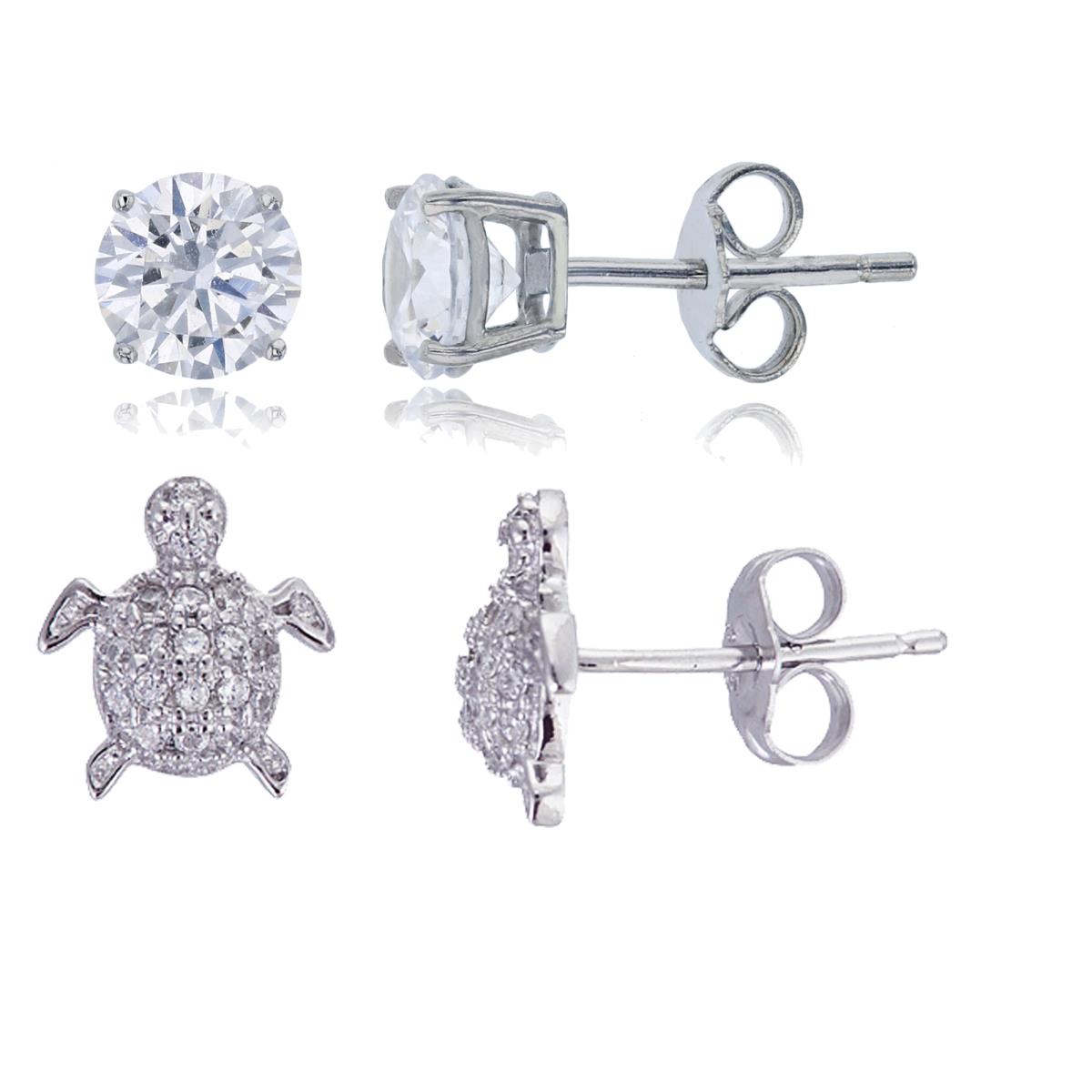 Sterling Silver Rhodium Turtle & 6mm Round Solitaire Stud Earring Set