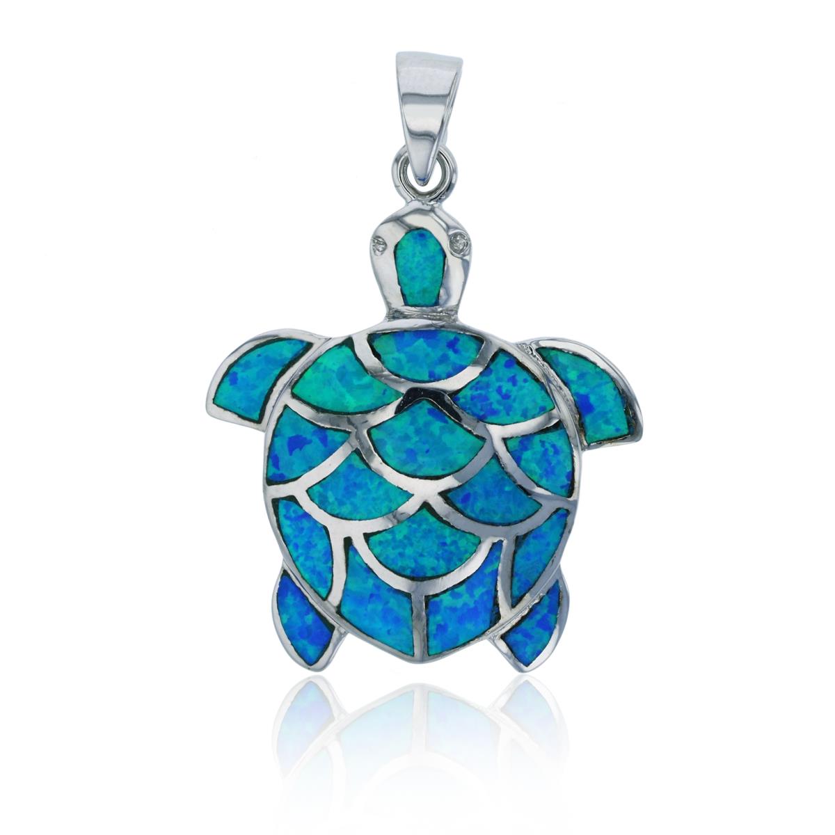 Sterling Silver Rhodium Created Blue Opal Turtle Dangling Pendant