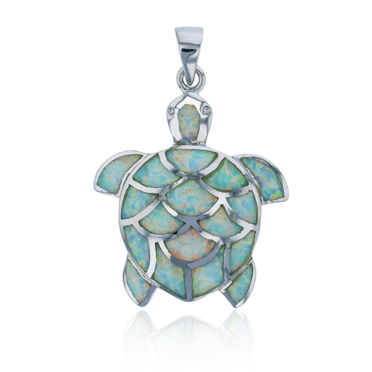 Sterling Silver Rhodium Created White Opal Turtle Dangling Pendant