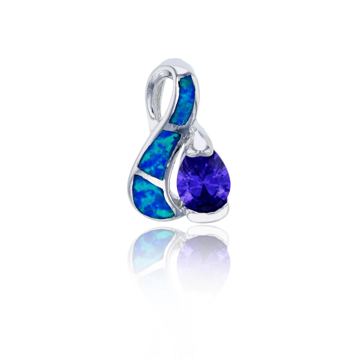 Sterling Silver Rhodium Created Blue Opal & Amethyst CZ Musical Note Pendant