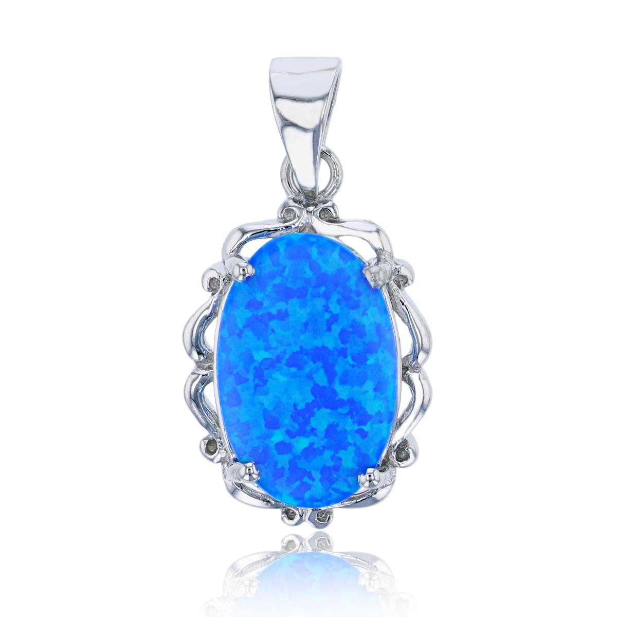 Sterling Silver Rhodium Created Blue Opal Oval Dangling Pendant