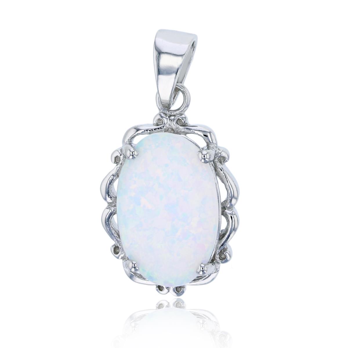 Sterling Silver Rhodium Created White Opal Oval Dangling Pendant