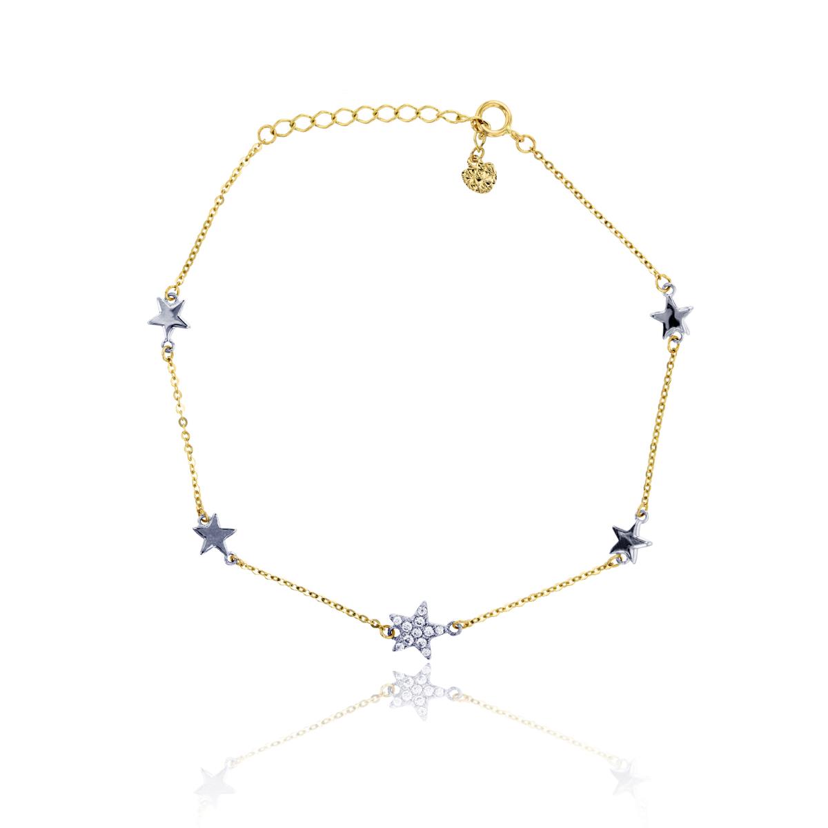 10K Two-Tone Gold Polished Micropave Star Station Charm 9+1" Anklet with Heart Plate