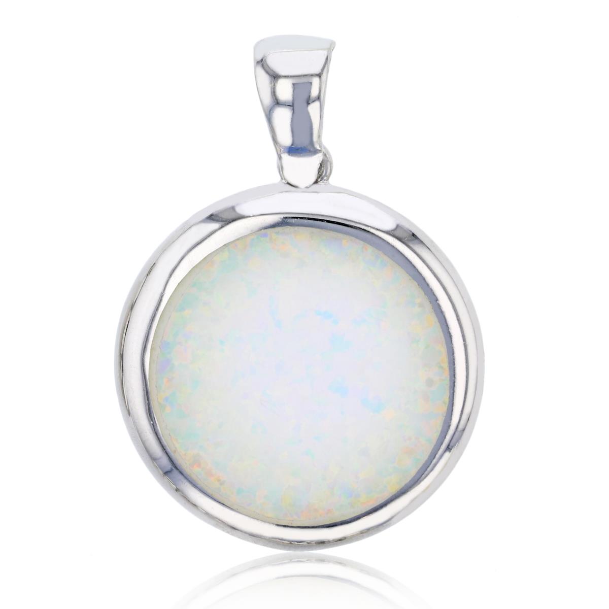 Sterling Silver Rhodium 35x25mm Created White Opal Round Bezel Pendant