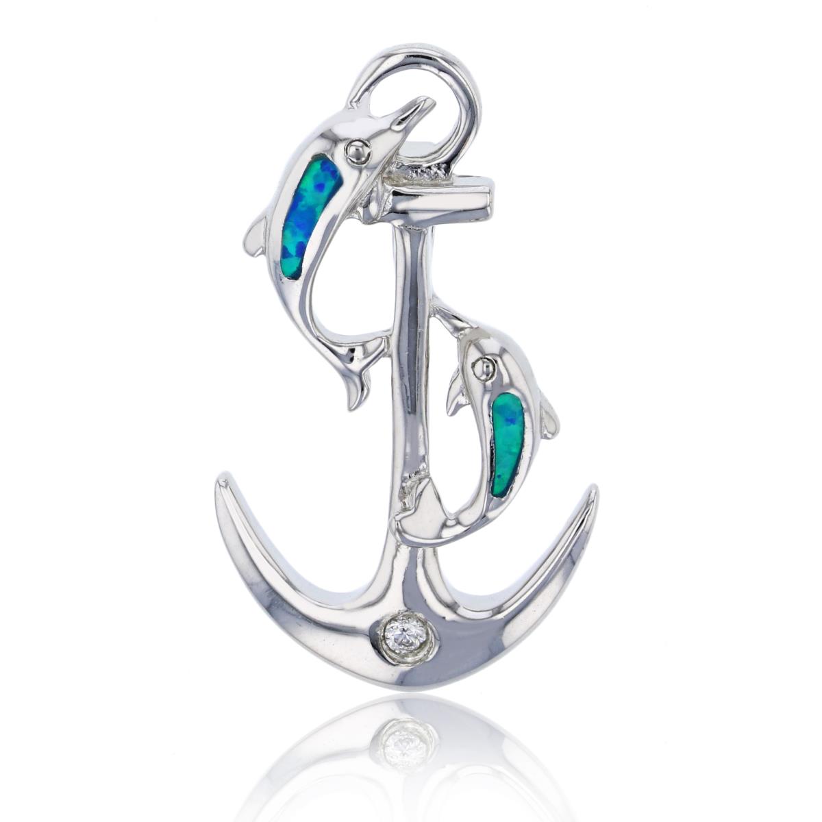 Sterling Silver Rhodium Created Blue Opal & White CZ Dolphins and Anchor Pendant