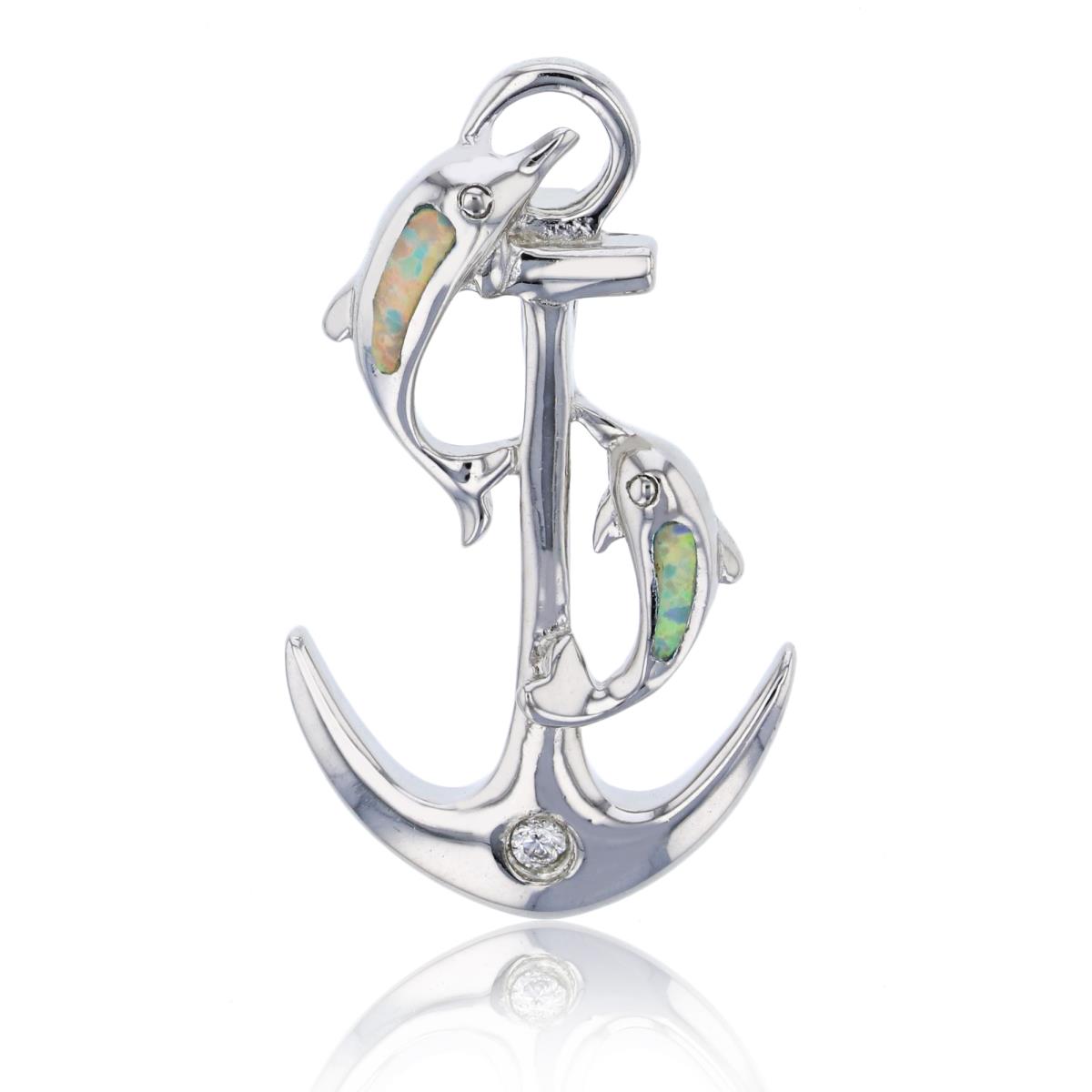 Sterling Silver Rhodium Created White Opal & White CZ Dolphins and Anchor Pendant