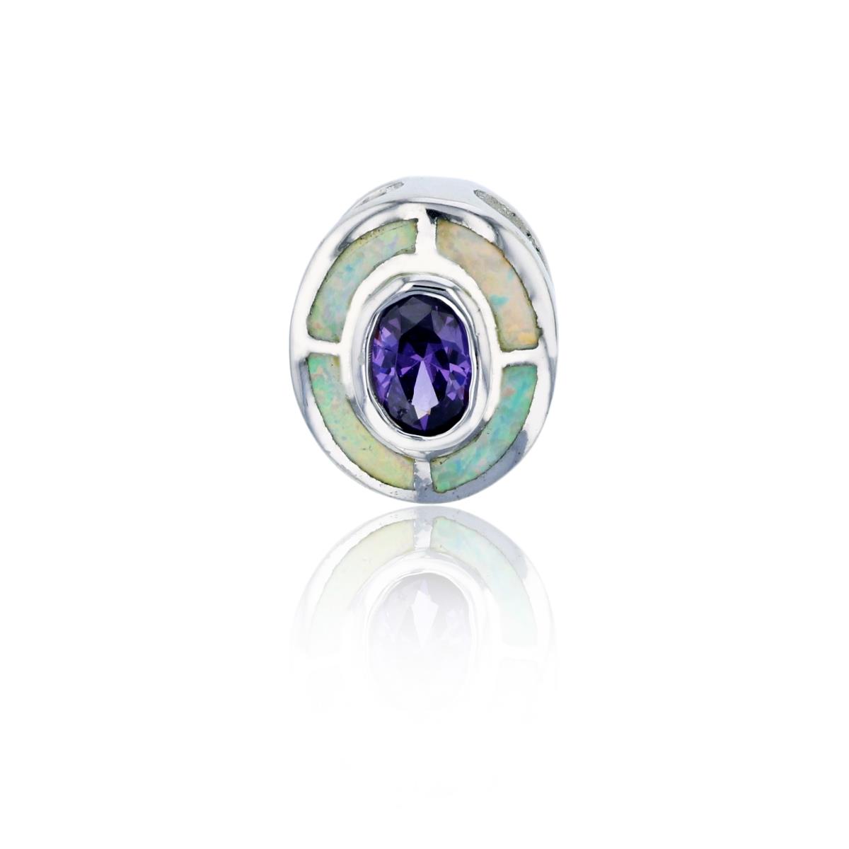 Sterling Silver Rhodium 13x11mm Created White Opal & Amethyst CZ Oval Pendant