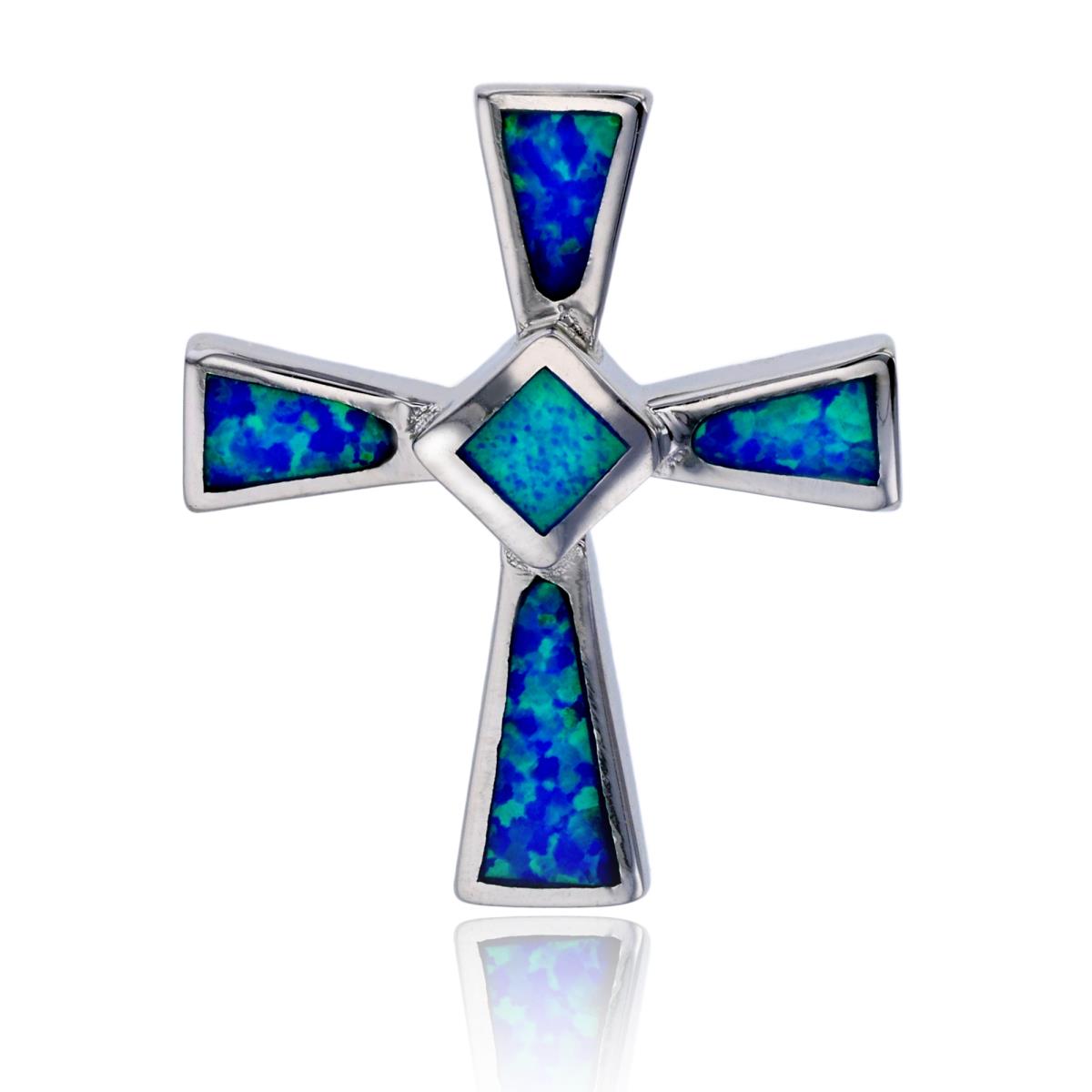 Sterling Silver Rhodium 28x24mm Created Blue Opal Cross Pendant