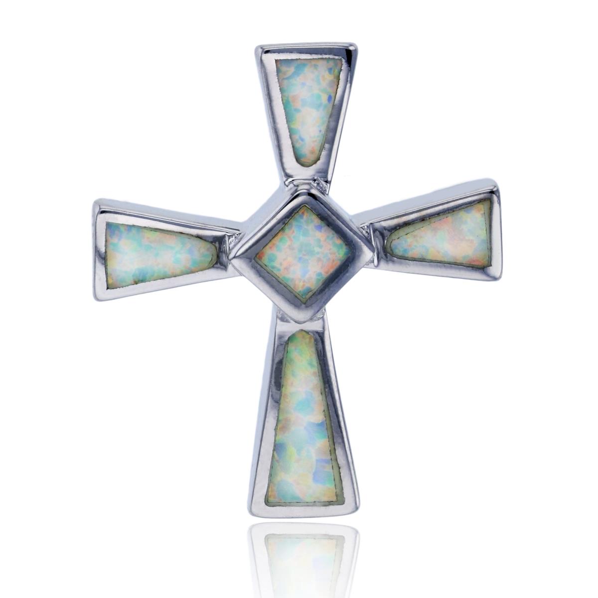 Sterling Silver Rhodium 28x24mm Created White Opal Cross Pendant