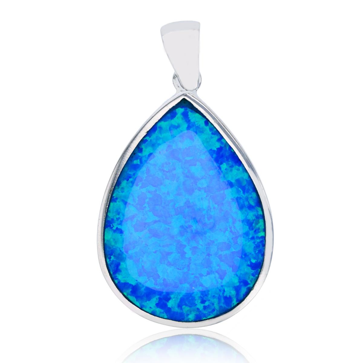 Sterling Silver Rhodium 42x24mm Created Blue Opal Pear Shape Pendant