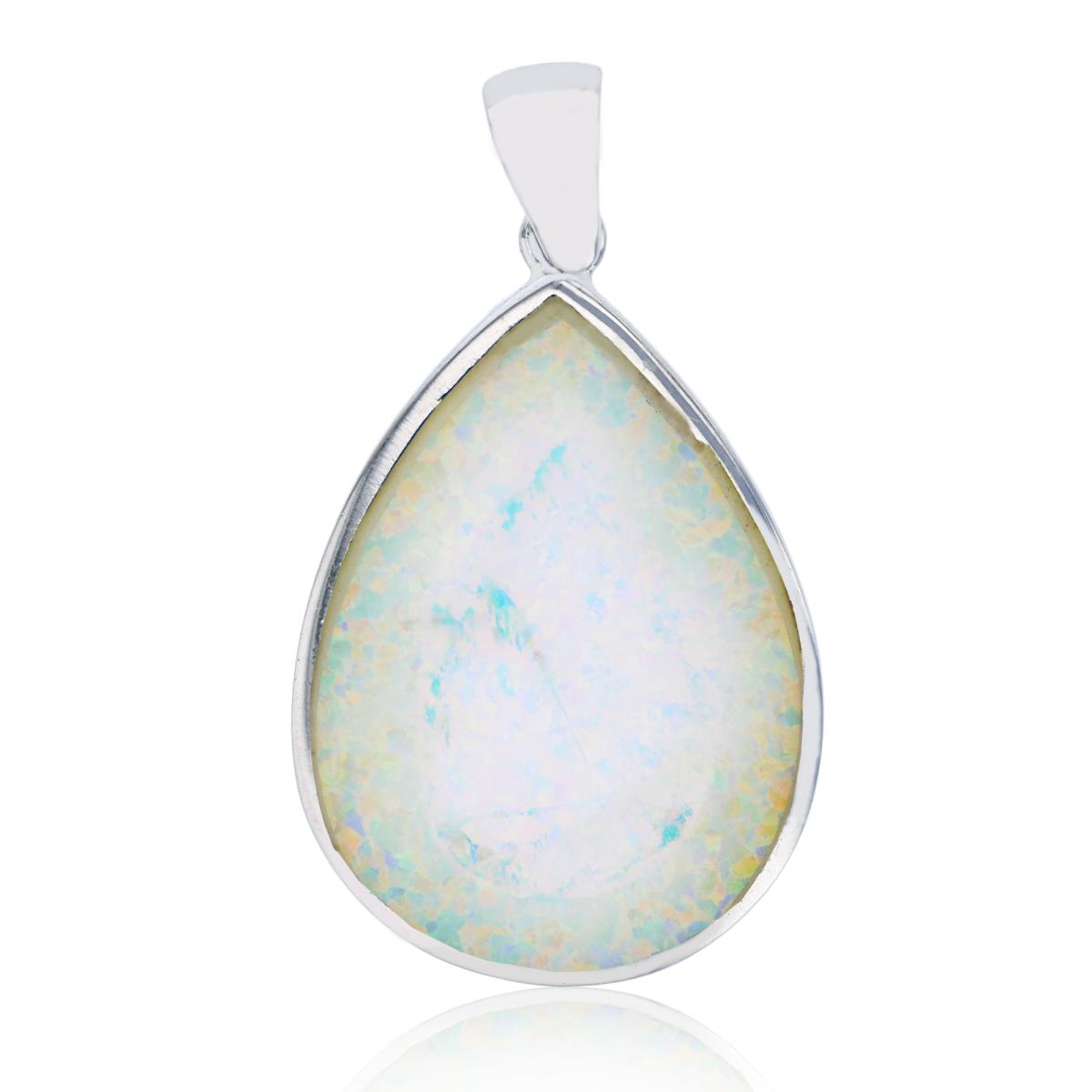 Sterling Silver Rhodium 42x24mm Created White Opal Pear Shape Pendant