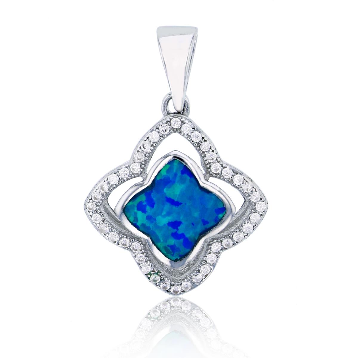 Sterling Silver Rhodium Created Blue Opal & White CZ Clover Halo Pendant
