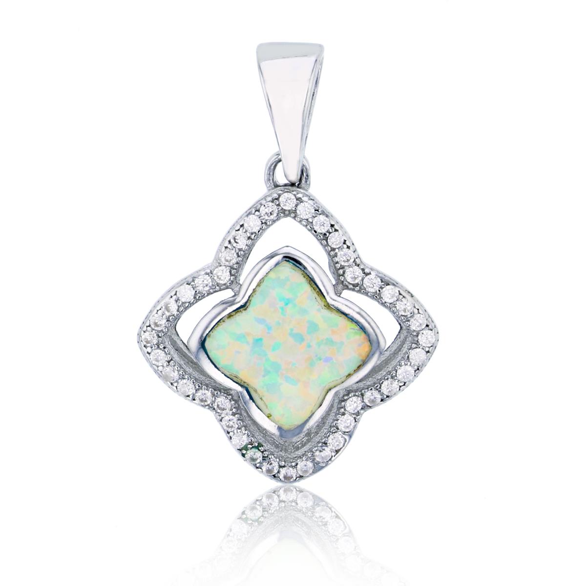 Sterling Silver Rhodium Created White Opal & White CZ Clover Halo Pendant