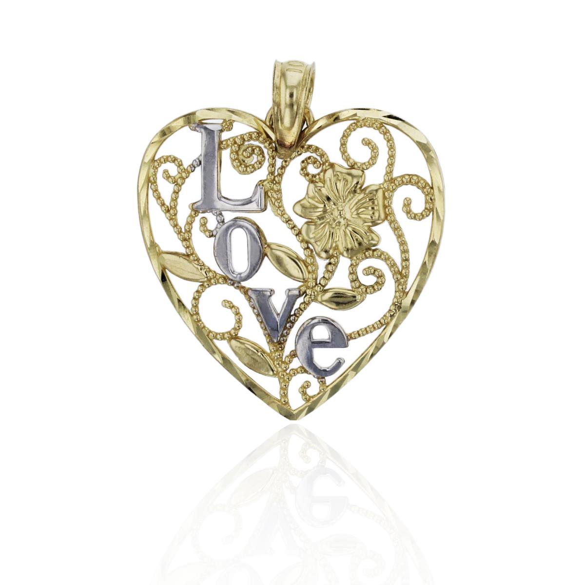 10K Two-Tone Gold LOVE Flower Filigree Heart Dangling Pendant