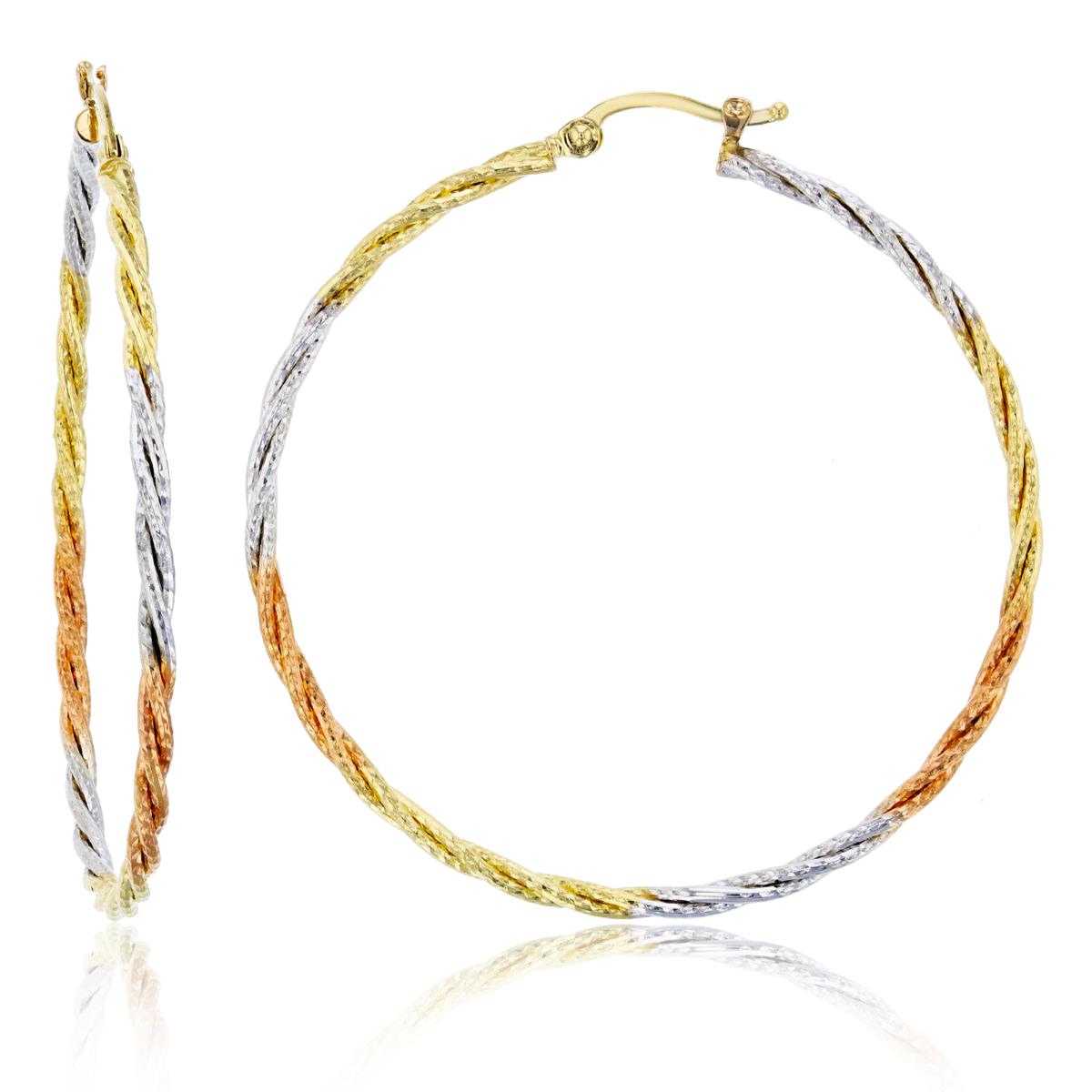 14K Tri-color Gold Diamond Cut Two-Row Twisted 2x45mm Round Hoop Earring