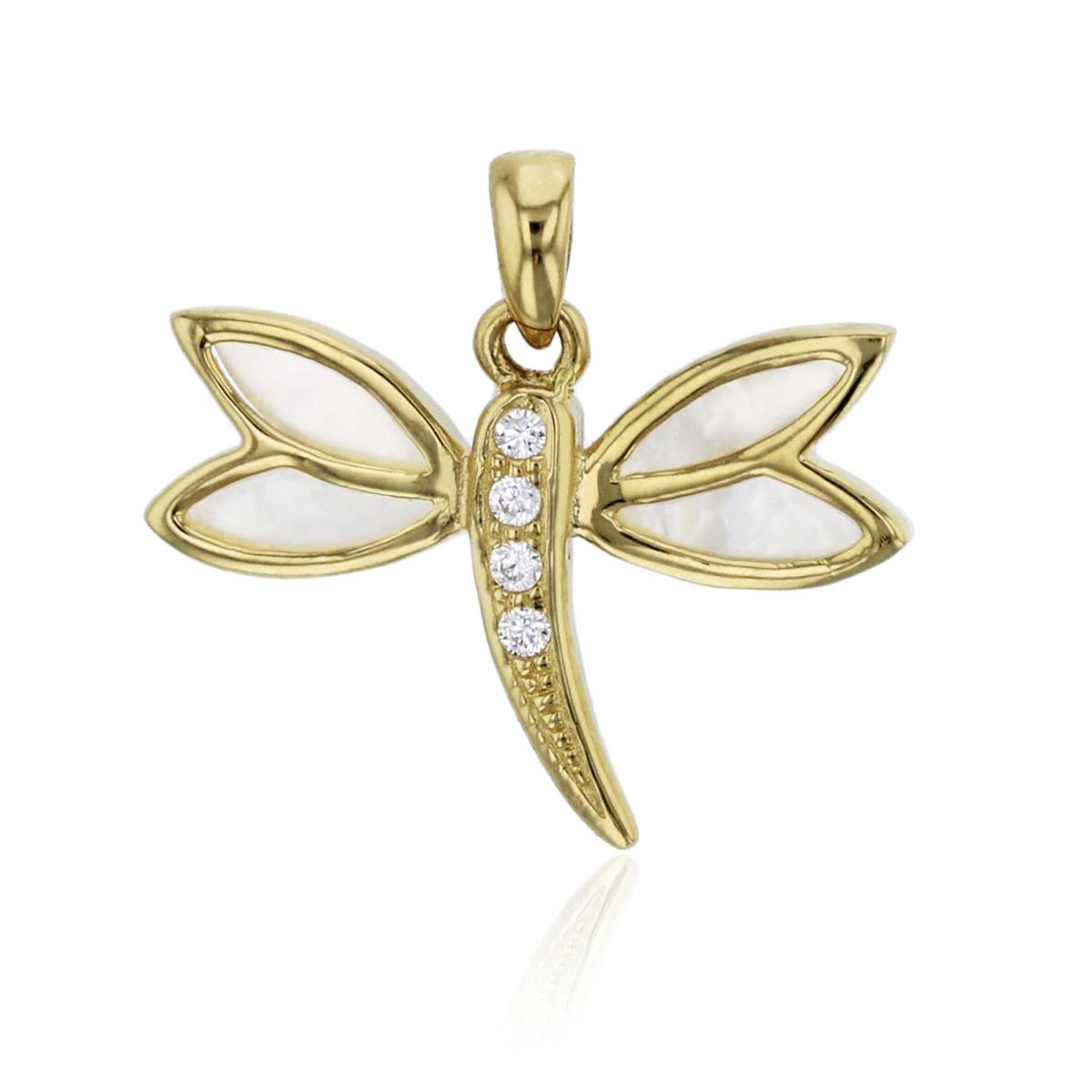 14K Yellow Gold Pave Clear CZ MOP Dragonfly Pendant