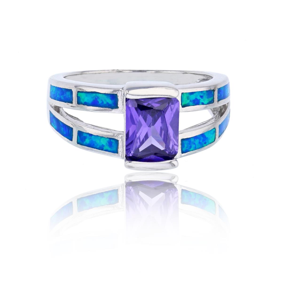 Sterling Silver Rhodium 2-Strand Created Blue Opal & Emerald Cut Amethyst CZ Fashion Ring