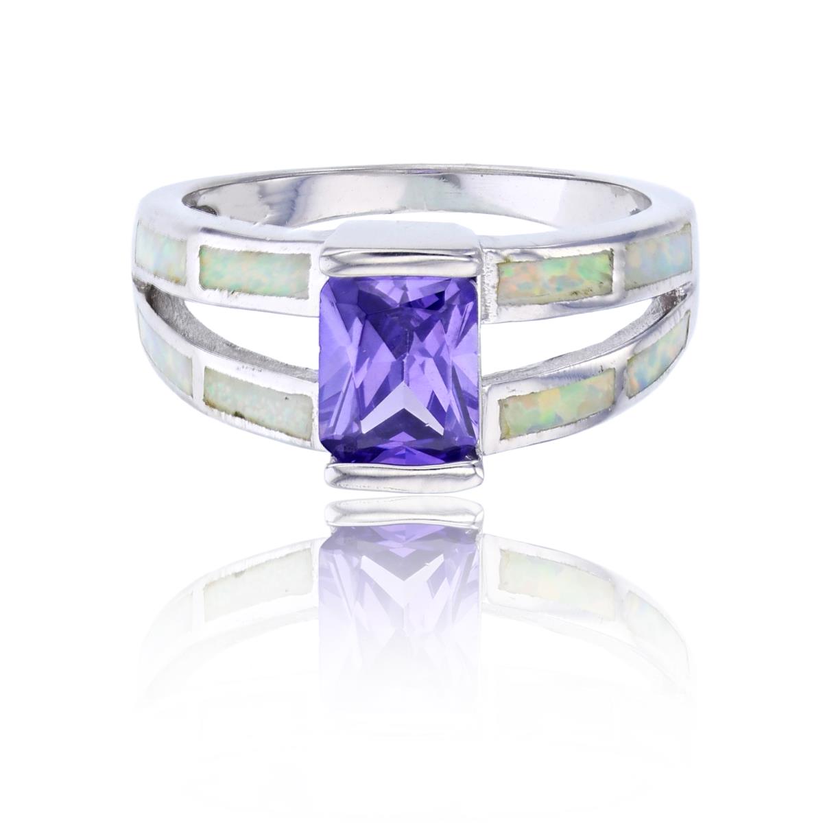 Sterling Silver Rhodium 2-Strand Created White Opal & Emerald Cut Amethyst CZ Fashion Ring