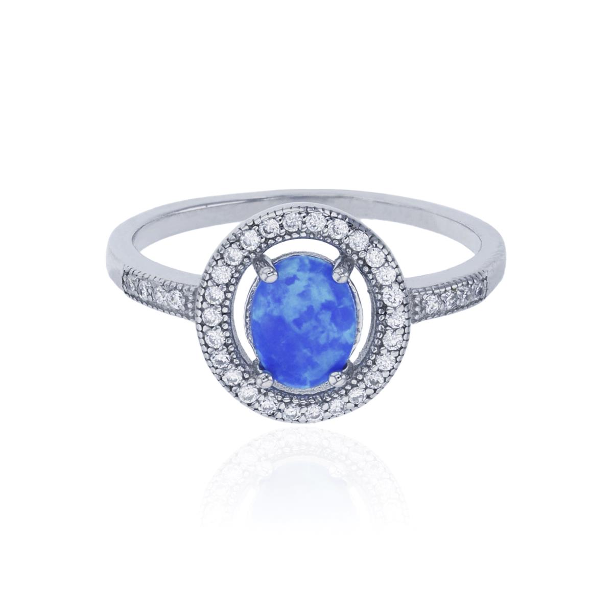 Sterling Silver Rhodium Oval Cut Created Blue Opal & CZ Halo Fashion Ring