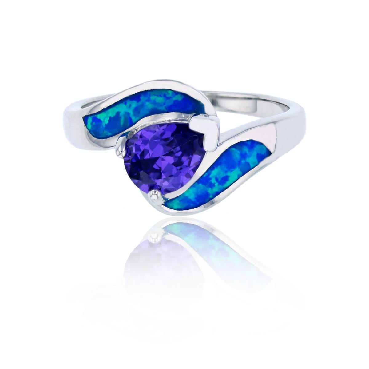 Sterling Silver Rhodium Amethyst Pear Cut CZ & 2-Strand Created Blue Opal Fashion Ring