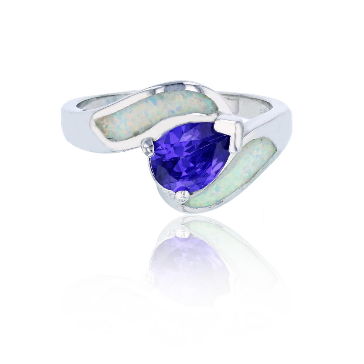 Sterling Silver Rhodium Amethyst Pear Cut CZ & 2-Strand Created White Opal Fashion Ring