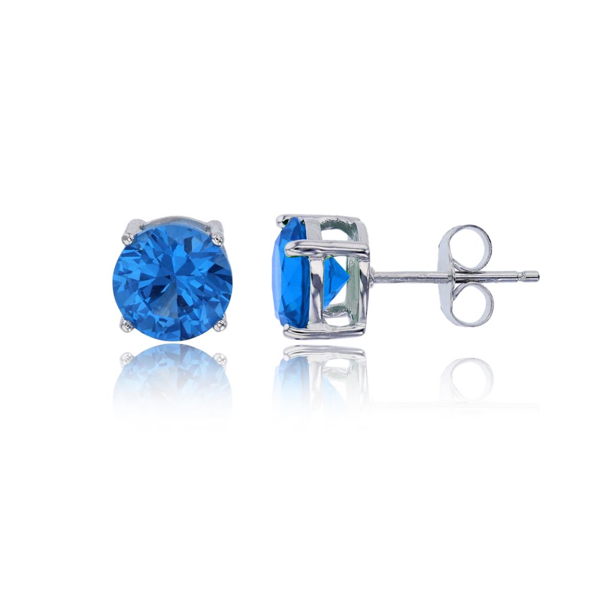 Sterling Silver Rhodium 6.00mm Round Cut Swiss Blue CZ Solitaire Stud Earring